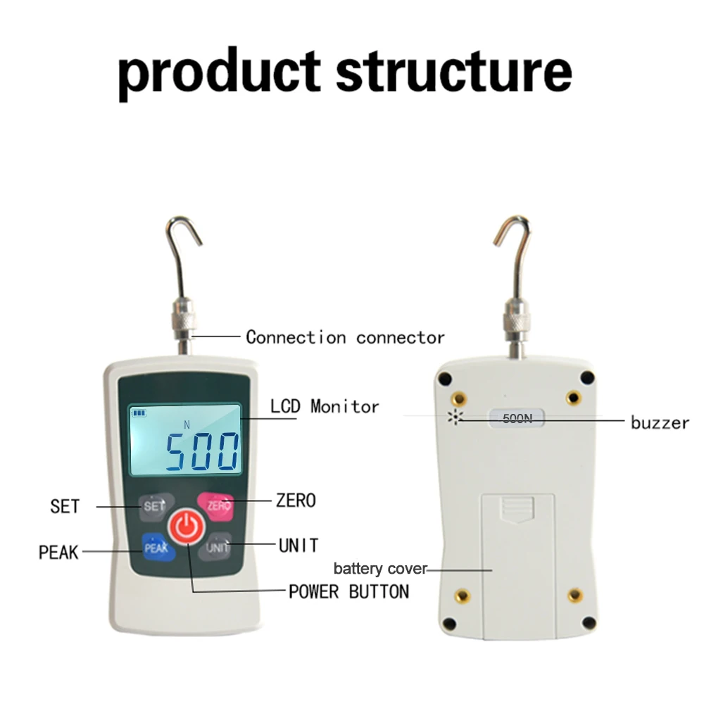 Digital Force Gauge 500N/ 50kg/ 110Lb/ 1760oz Push Pull Force Meter Unit Switchable Backlit Mini Dynamometer 6 Fixture Heads