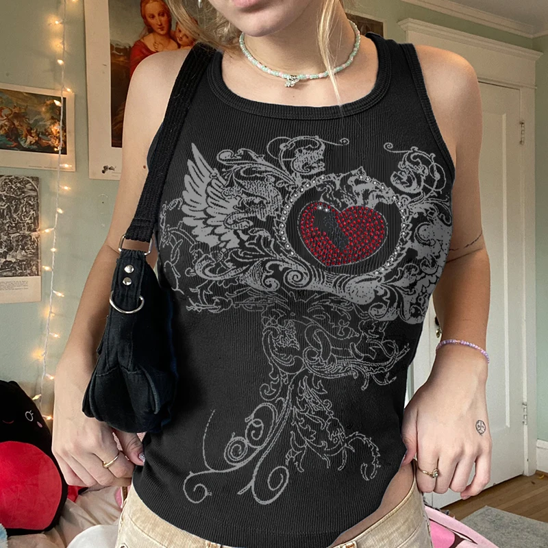 Vintage Heart Rhinestone Wing Tank Top Gothic Graphic Print Sleeveless T-shirt Women Ribbing Aesthetic Crop Tops Y2K Streetwear