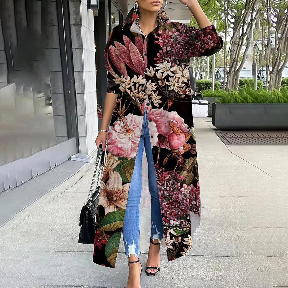 Women's New Print Long-Sleeve Dress Slim High Quality Summer Comfortable Breathable Elegant Long-Sleeve Dress 2024 New Model