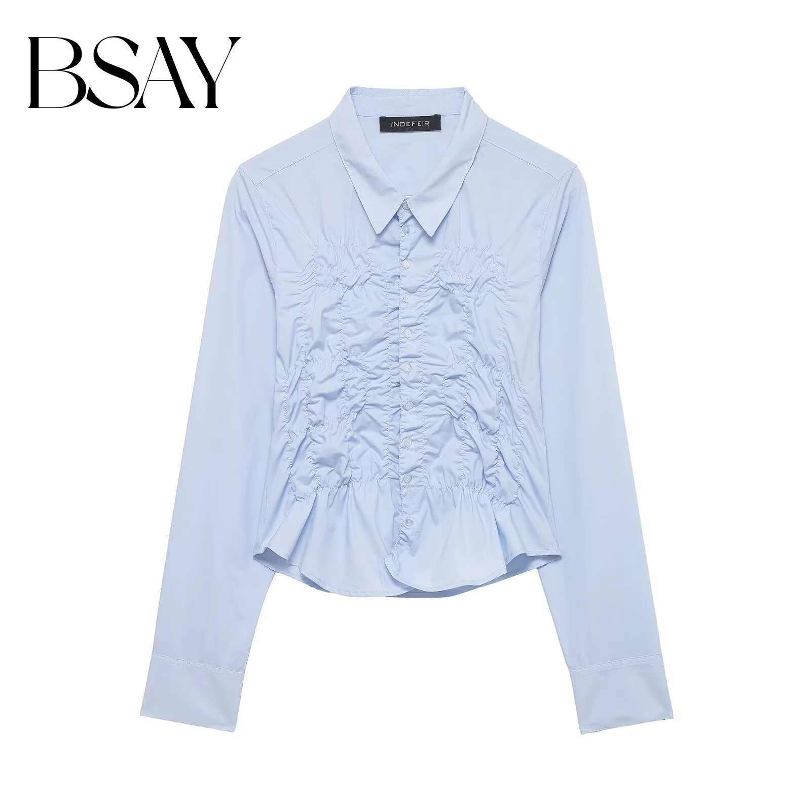 BSAY 2026 Spring New women's clothing fashion Elastic Wrinkle shirt lapel Slim long-sleeved blouses Wear chic ladies tops mujer