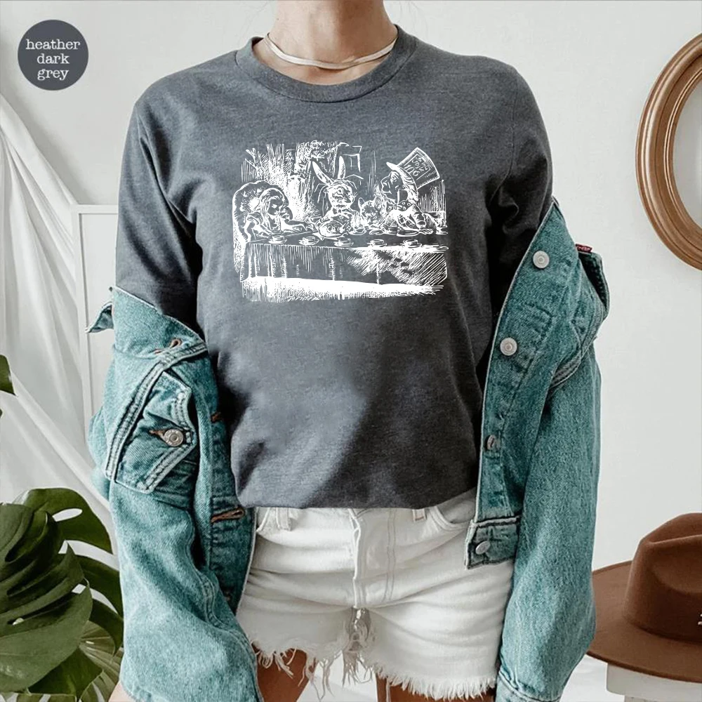 Alice país das maravilhas t camisa chapeleiro louco ilustração do vintage camiseta bonito na moda festa de aniversário camisa mãe tia camiseta casual topos