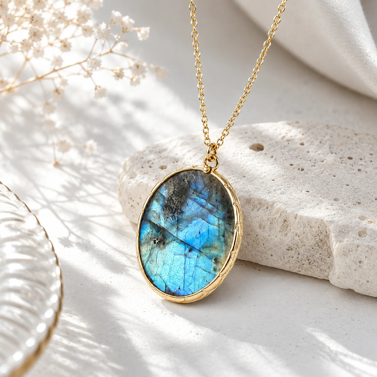 ITSMOS Genuine Labradorite Gold Circle Necklace Aurora Flash Crystal Protection Amulet Elegant Birthday Gift for Mom or Her