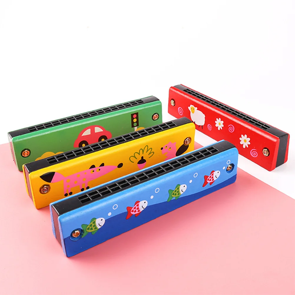 4pcs Wooden Harmonica Toys 16 Holes Double Row Educational Musical Instruments for Kid (Random Pattern)