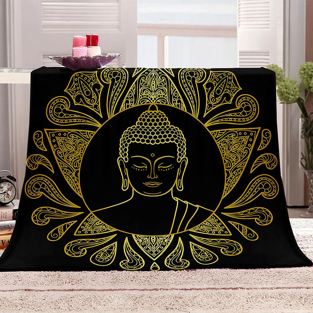 HUANZHUANG 3D Abstract Golden Buddha Statue Blanket Flannel Blanket Throw Blanket For Living Room Bedroom Bed Sofa Picnic Cover