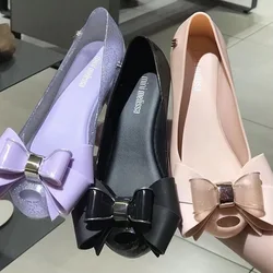 2023 Fashion Ladies Jelly Shoes Women's Flat Single Shoes Sweet Girls Pointed Square Button Bow Single Shoes