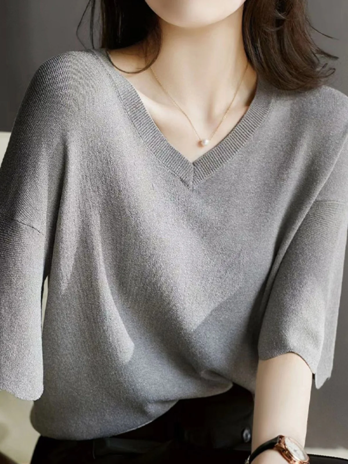 

V-Ne вязаный топ Petal Sve Brand Tag Cut Boting футболка женская свободная посадка летняя стандартная длина Sve цвет