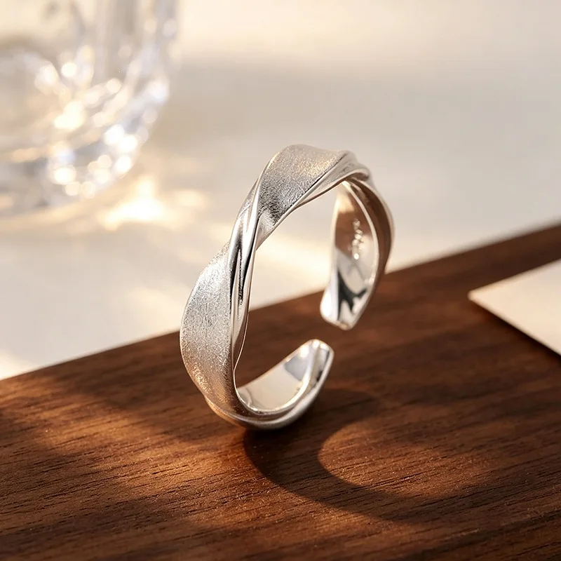 Frosted Twisted Line Fashion 925 Sterling Silver Jewelry Personality Irregular Mobius Opening Rings 02925