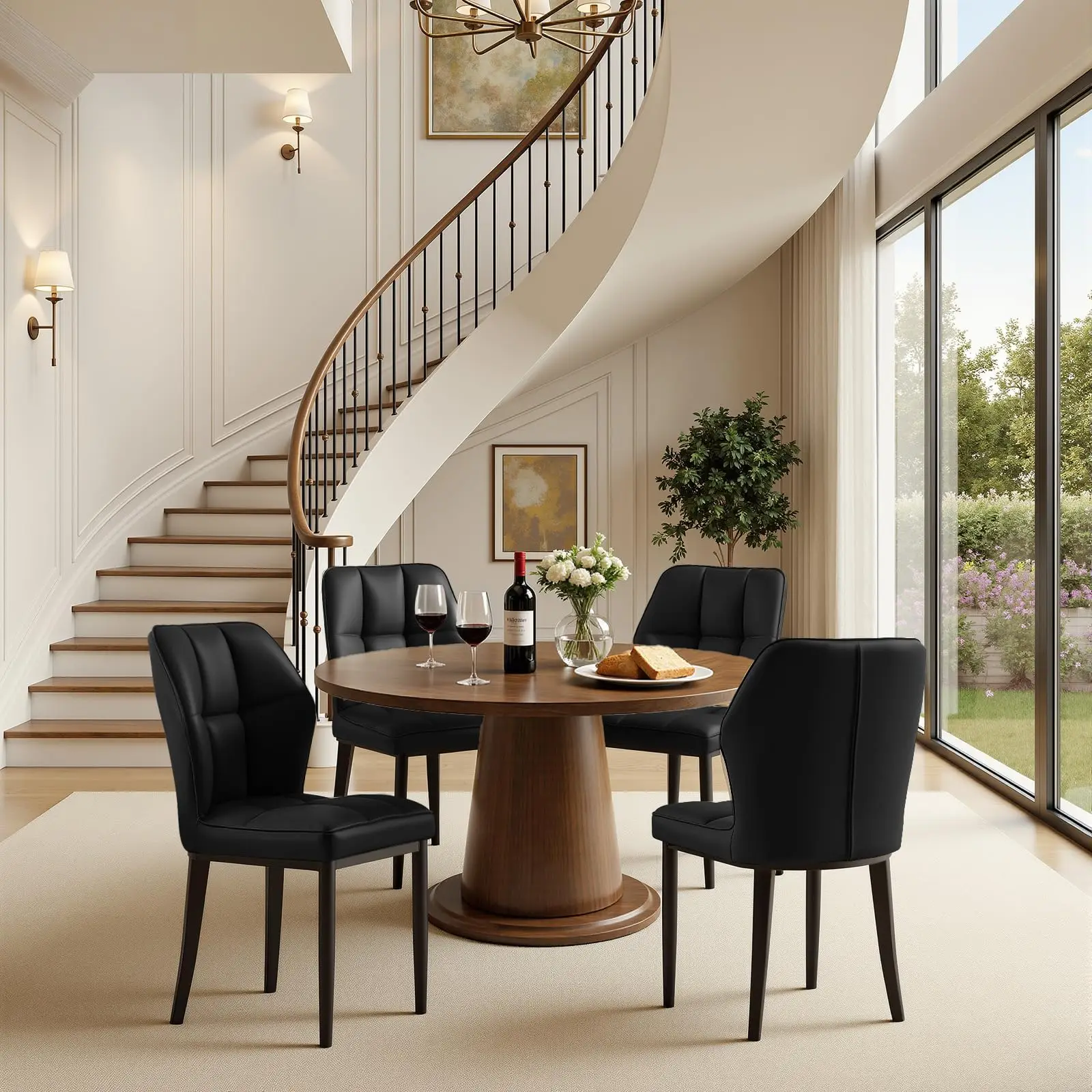 PU Leather Dining Chair Set of 4, One-Piece Leg Kitchen Chair