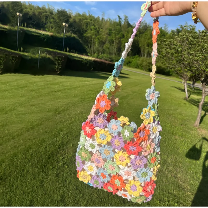 

Colorful Flower Crochet Tote Bag, Handmade Knitted Shoulder Bag, Lightweight Summer Beach Travel Handbag For Women Vacation