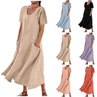 Spring Summer New Arrival Women's Loose-Fit Casual Dress Solid Color Cotton Linen Pocket Dress for Cross-Border E-commerce