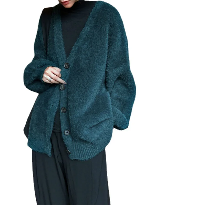 Women\'s Faux Mink Velvet Sweater Coat New Lazy Wind Outer Wear Loose V-neck Knitted Cardigan