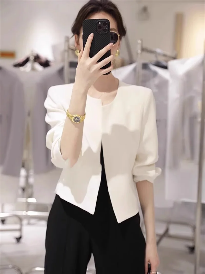 Short Shoulder Padded Jacket Women's Fashion Spring Autumn New Style No Collar Outerwear Cardigan Pure Color Commute Style