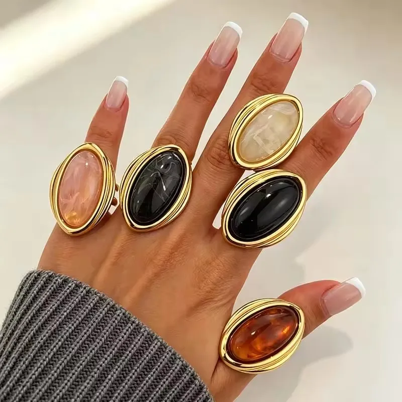 Vintage Colorful Resin Open Rings For Women Exaggerated Gold Color Oval Geometric Adjustable Ring Waterproof Jewelry Gift