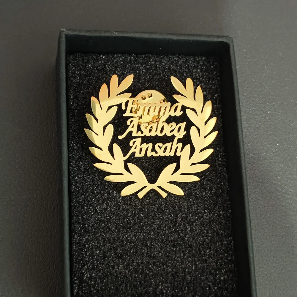 Customized Men Women Name Letter Logo Wheat Leaf Ear Design Brooch Stainless Steel Personalized nameplate Brooch Perfect Gift view 4