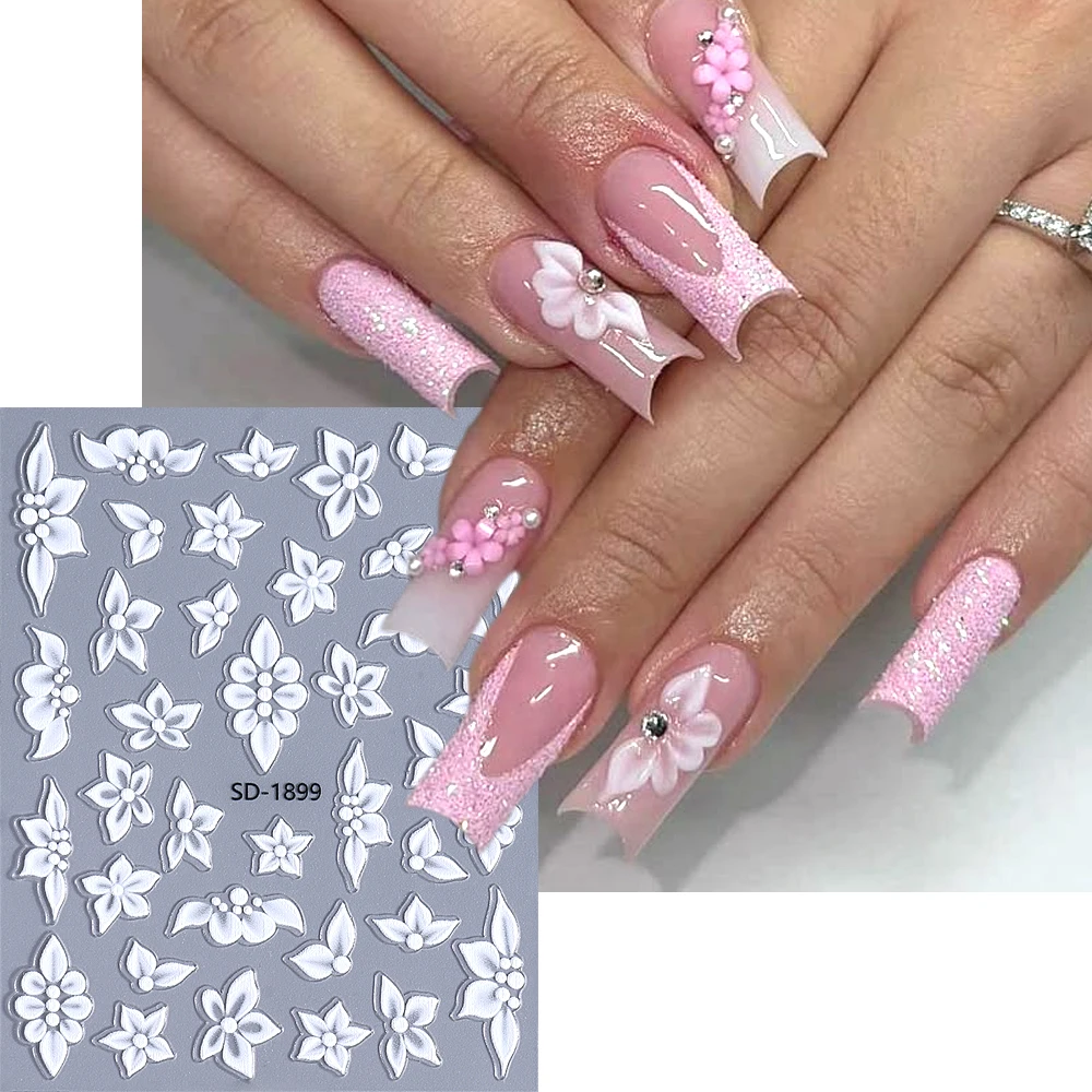 Pegatina de uñas de flor blanca 5D, pegatinas adhesivas de flores de pétalos en relieve, decoraciones artísticas para uñas para suministros de manicura de boda