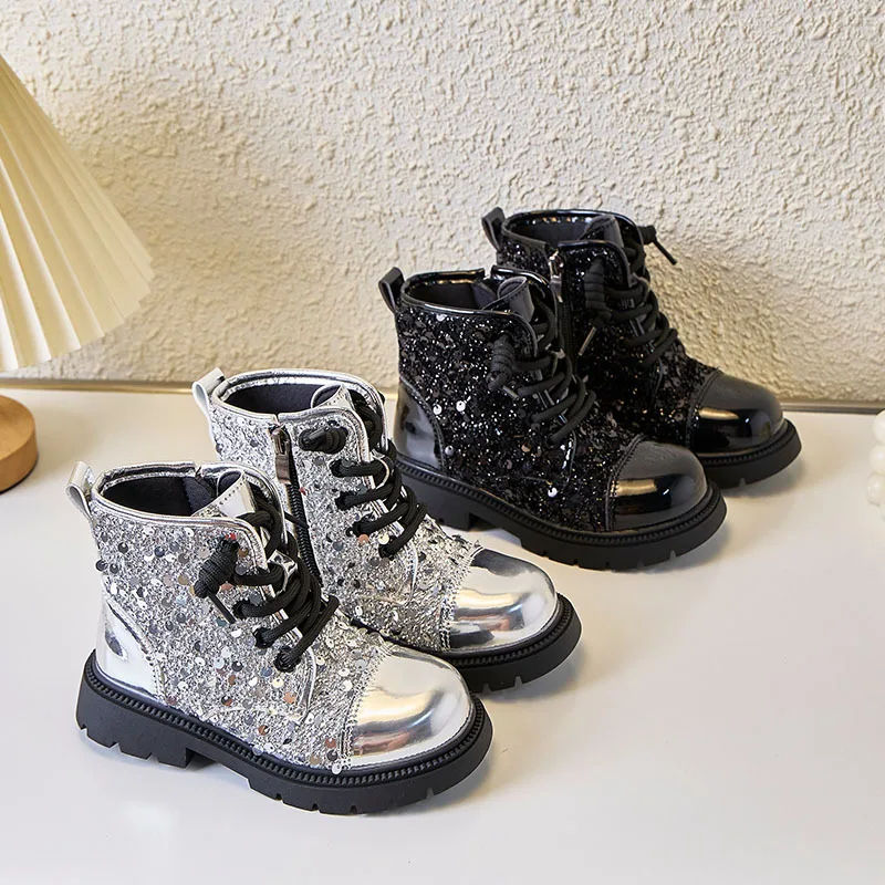 

Kids'Boots Solid Color PU Leather Sequin Fashion Autumn Shoes For Girls Anti-slip Breathable Black Silver Shoes Size 26-36