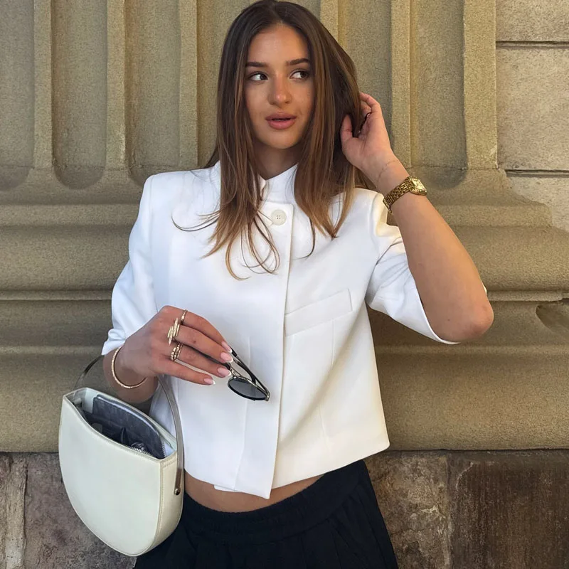 Ladies Commute Short Sleeve Blazer Women Summer Elegant Stand-up Collar Short Blazer New Trendy High Street Casual Blazer Female 6 Ladies Commute Short Sleeve Blazer Women Summer Elegant Stand-up Collar Short Blazer New Trendy High Street Casual Blazer Female 6