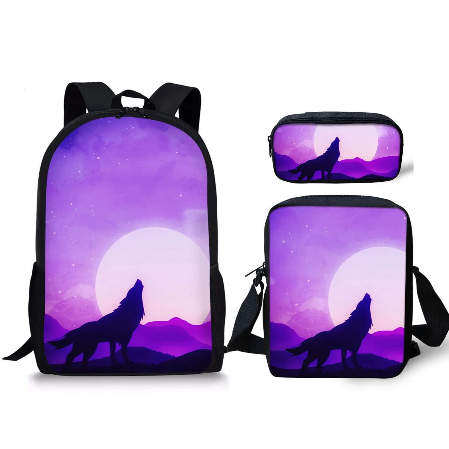 Cool Wolf on The Moon Pattern 3 Set School Bag Lightweight Backpack for Teen Boys Girl Casual School Bag Lunch Bag Pencil Case