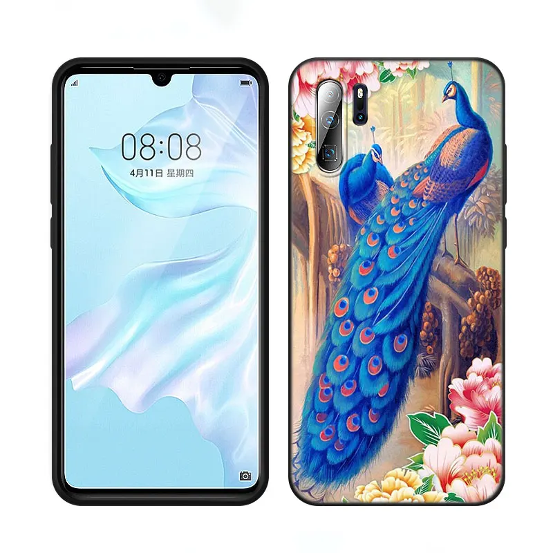 Animal Peacock Pattern Phone Case For Huawei P8 P9 P10 P20 P30 P40 Lite E P50 P Smart Pro Z S 2018 2019 2020 2021 Black Cover