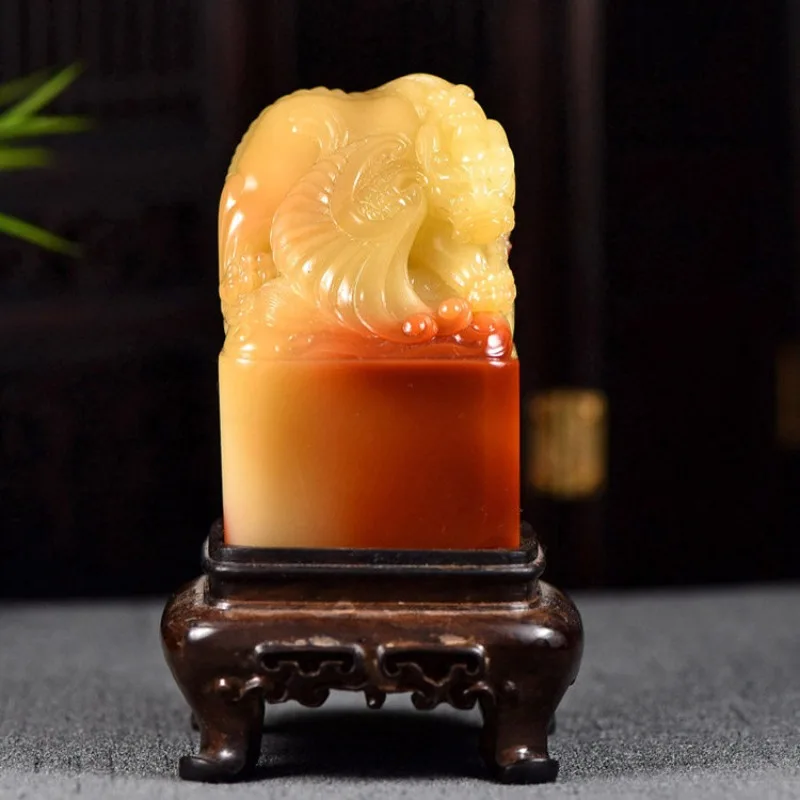 Shoushan stone old seal old hibiscus stone carving Aolong