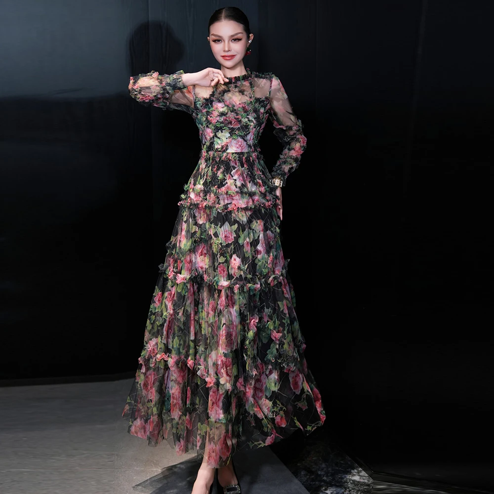 

ZJYT, осеннее новое подиумное модное длинное сетчатое платье с цветочным принтом для женщин, вечернее платье, элегантное лоскутное черное платье с оборками