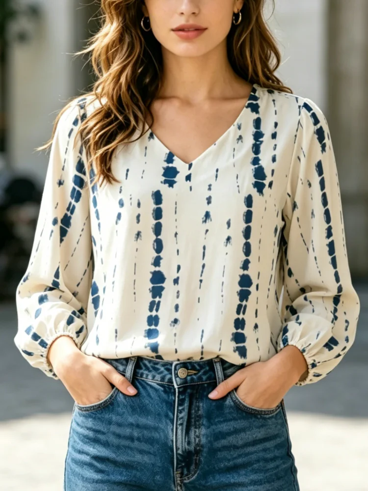 

Новые модные женские элегантные блузки с V-образным вырезом и принтом, с длинным рукавом, для офиса, весна 2026, осенние повседневные рубашки свободного кроя