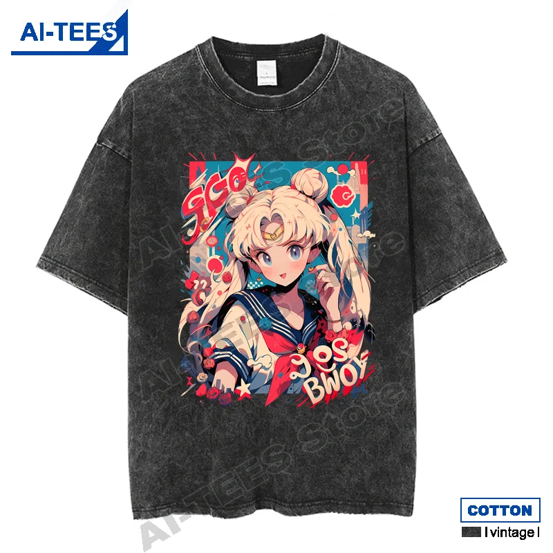 

Beautiful Girl Warrior T-shirt Anime Print T Shirt y2k Harajuku Casual Unisex Oversized Loose Tees Cotton Washed Vintage Tops