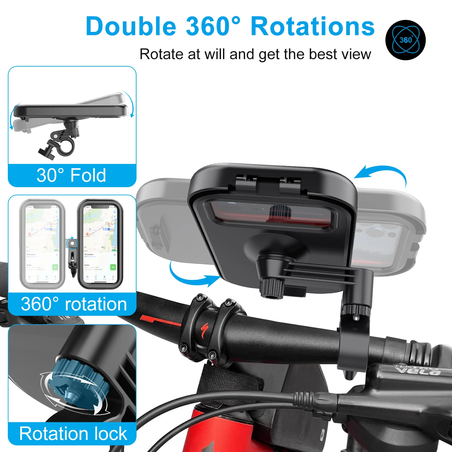 Universal Waterproof Bicycle Phone Holder Bag Case 360° Rotatable MTB Bike Motorcycle Scooter Cell Phone Support Mount Bracket