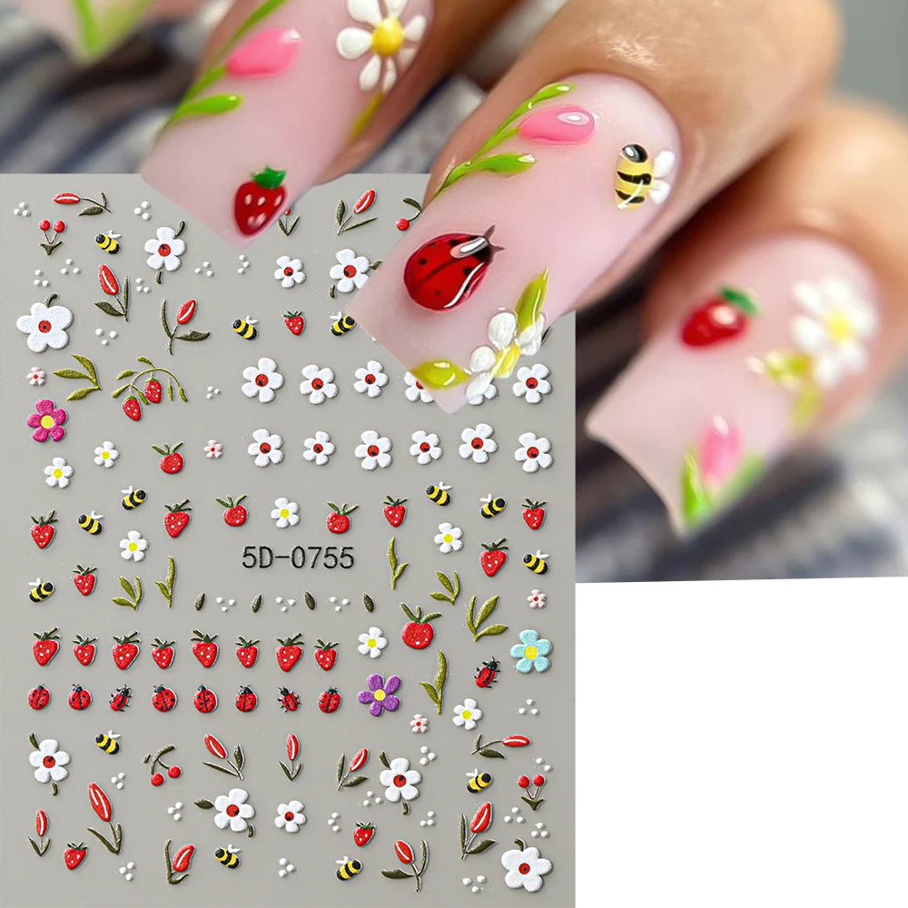 2pcs 5D Embossed Floral Fruit Nail Stickers Cute Cartoon Bee Cherry Strawberry Summer Nail Art Decals Diy Spring Summer Nail Dec