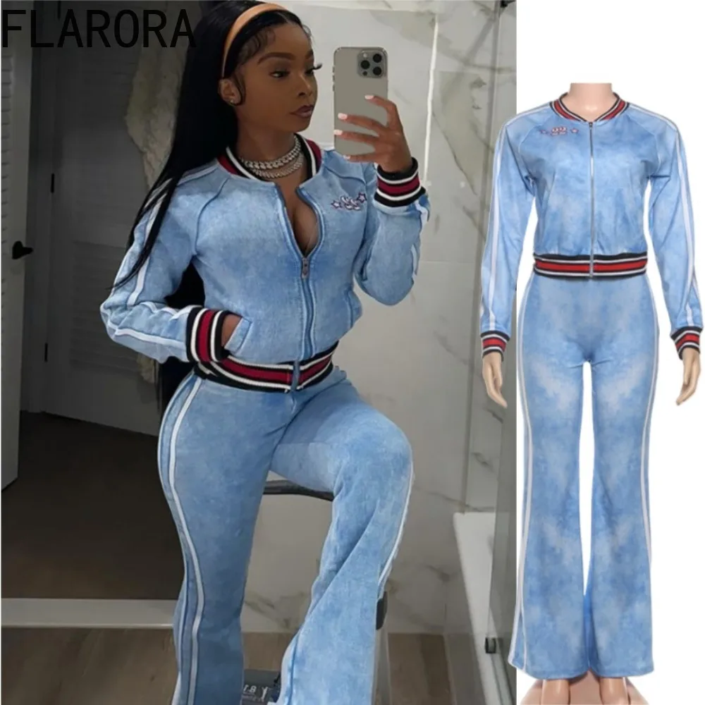 

FLARORA Fashion Tie-Dye Print 2 Piece Sets Woman Stripe Patchwork Zip Crop Jacket And Flare Pants Outfits Fall Street Tracksuits