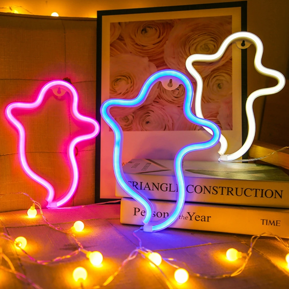 Halloween Neon Light Decoration Ghost Shaped Luminous Ornament USB Battery Dual-purpose DIY Party Holiday Decor for Home Room