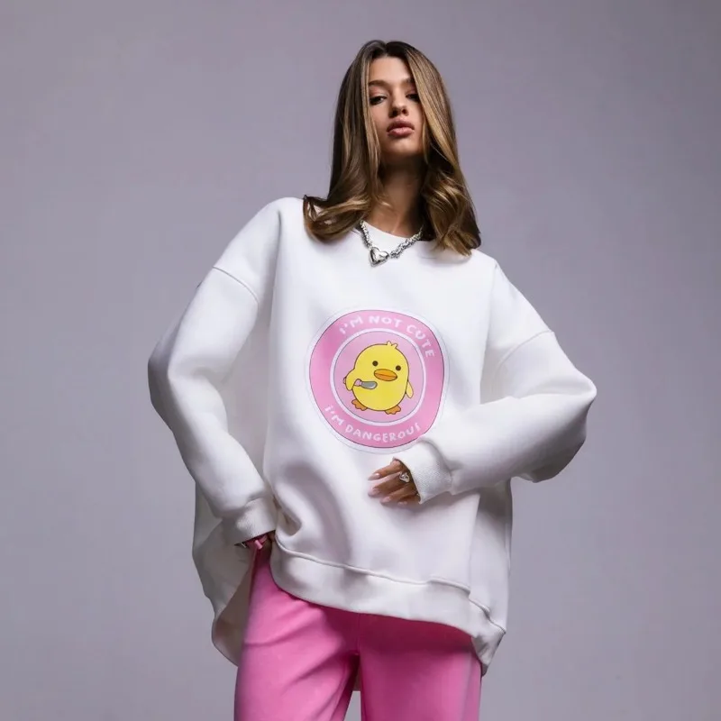 

Autumn Winter Fashionable Trend Women Oversized Hoodie Warmth Sweatshirt Chic Three Duck Print Loose Casual Sport Hooded