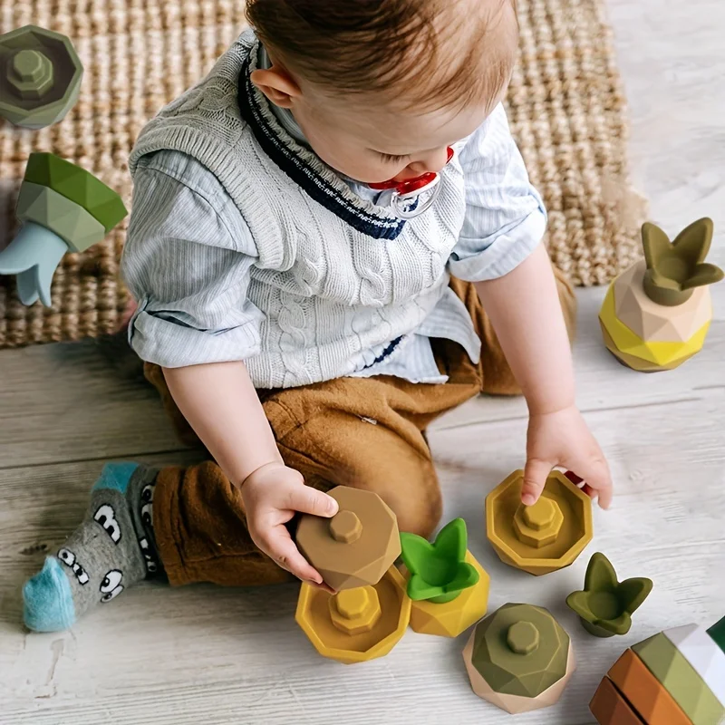 Brinquedo de empilhamento de frutas de desenho animado de silicone para bebê - desenvolve correspondência de cores e formas - brinquedo educacional amigável para dentição, aprendizagem precoce