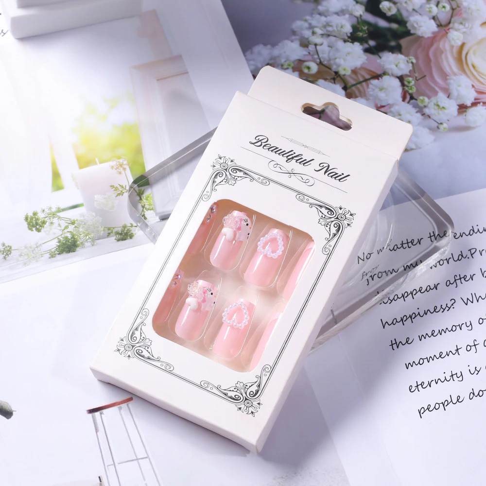 24 قطعة الوردي الفرنسية لطيف الكرتون Hellokitty اضغط على الأظافر متوسطة مربع الأبيض الحب كاميليا مسمار التصحيح هلام مسحوق القوس أظافر وهمية