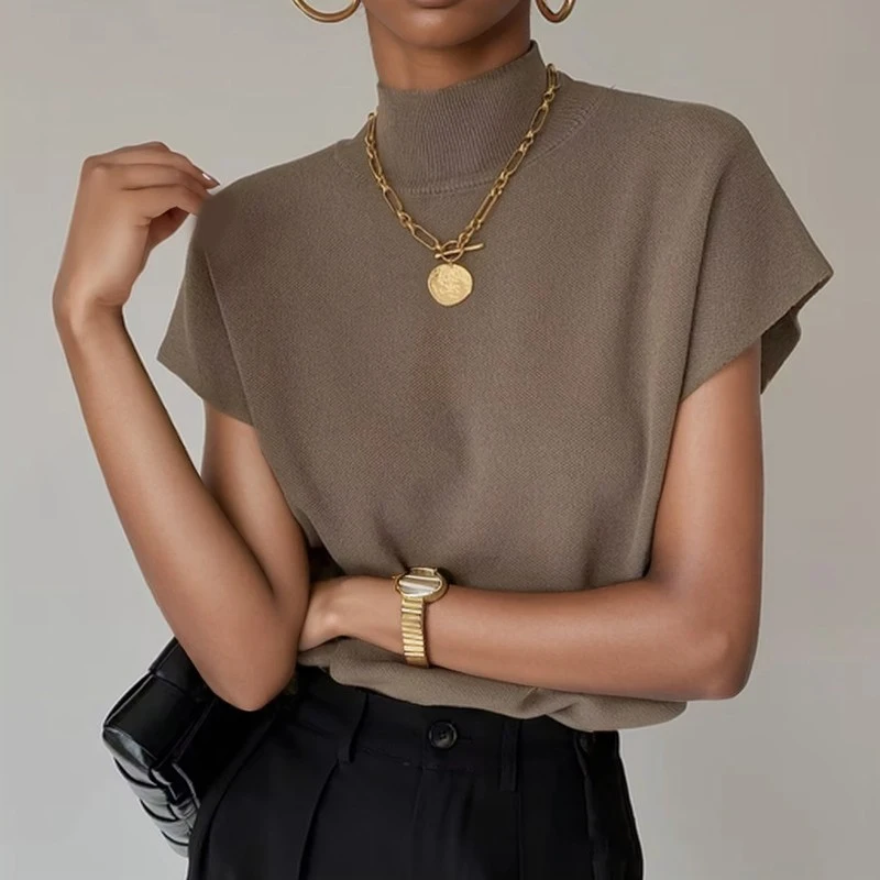 موضة الوقوف طوق سليم المرأة محبوك سترة فضفاضة الصلبة أنيقة مستقيم القمم قصيرة الأكمام مكتب سيدة تي شيرت قميص فضفاض #1