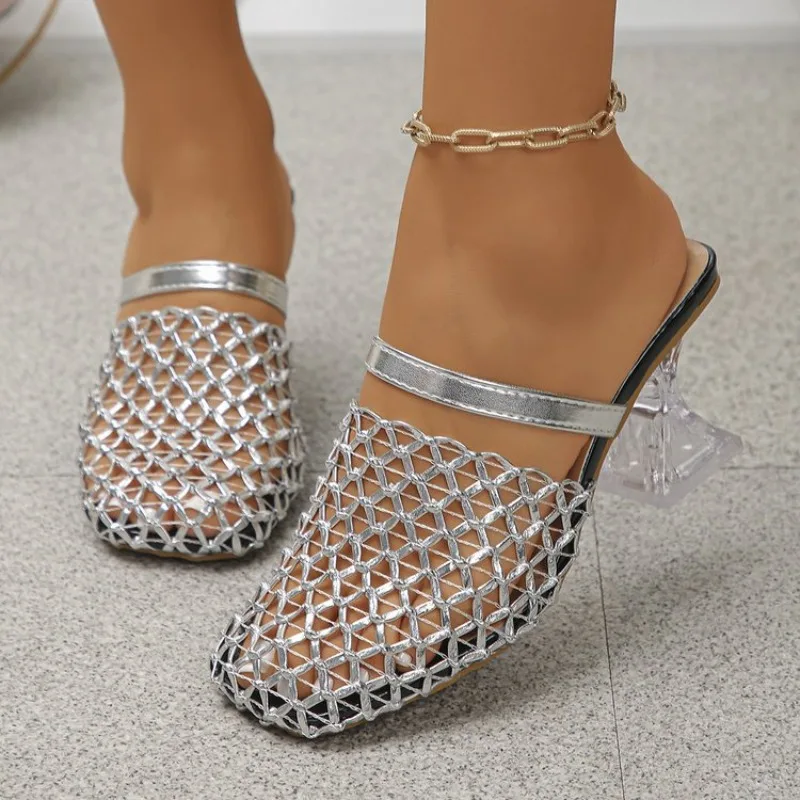 2026 Summer New French High-End Woven Fishnet Open-Toe Roman Sandals Hollow High-Heel Slippers for Women Women Party Sandals