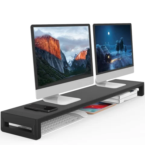 Dual Monitor Stand Riser, Extended Desktop Computer Monitor Support Bracket, for 2 Monitors, with Printer Stand and Laptop Stand