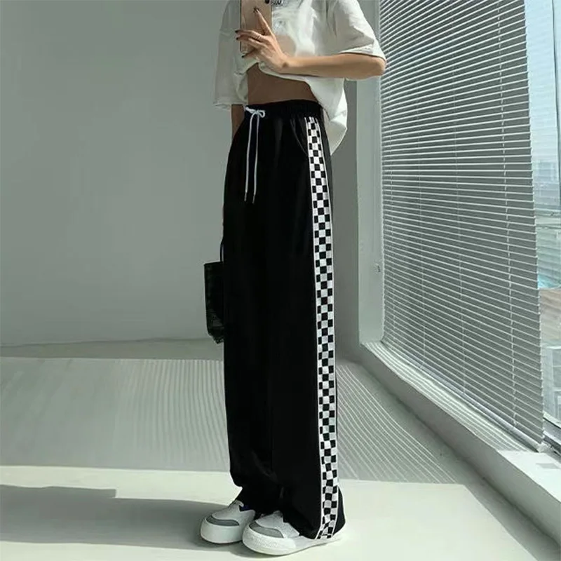 Summer Thin Ice Floss Pockets Drape Wide Leg Pants All-match Side Splice Checkerboard Drawstring Loose Straight Womens Trousers