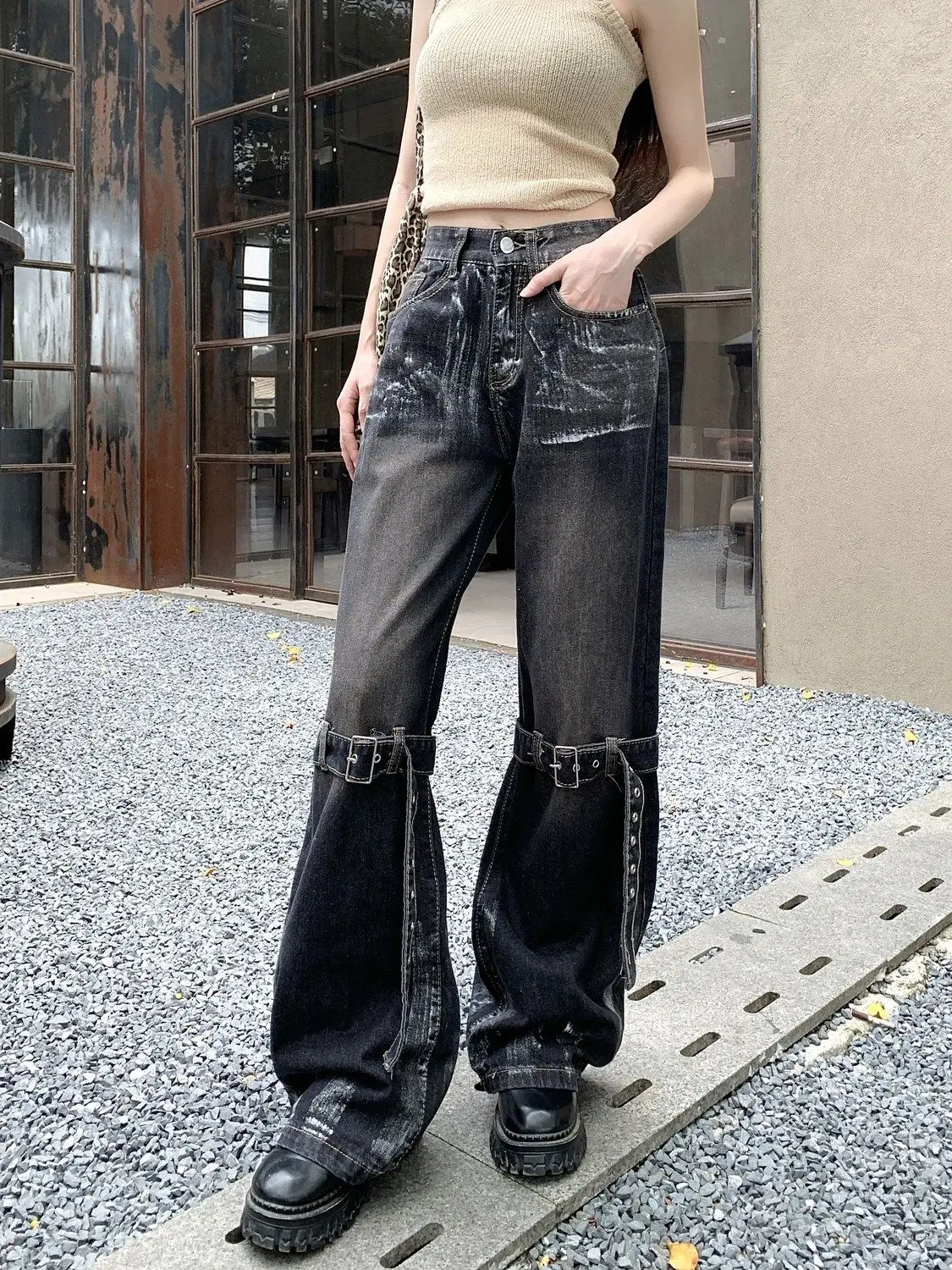 Jeans Knee Gauge Belt Design Vintage American Rock Style Cool Girl High Waisted Neutral Pants Women Loose Retro Denim Trousers