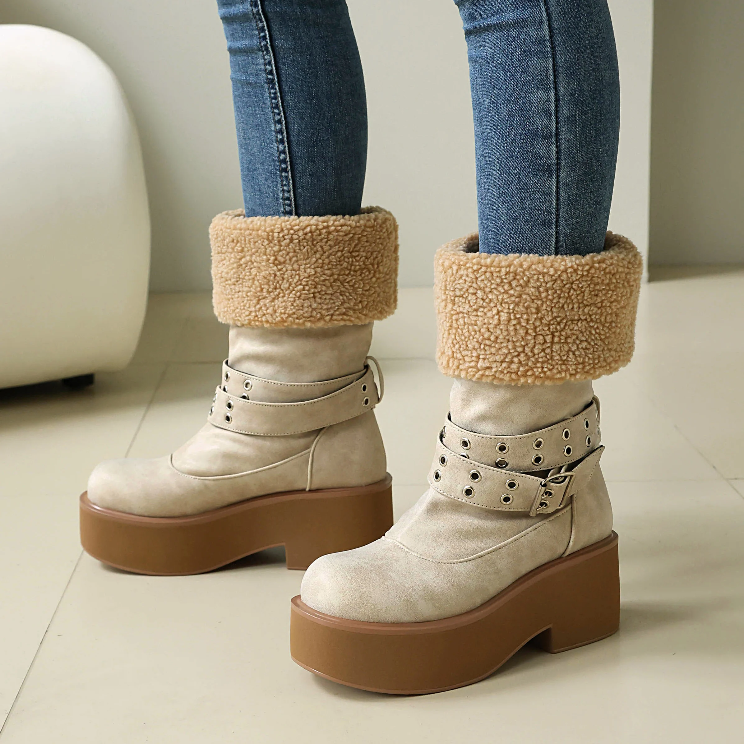 2026 Long Boots with Round Toe, No Need for Tie Up, Metal Buckle, Thick Sole, Height Increasing, Mid Length Boots