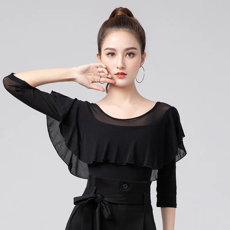 Haut de danse latine noir avec manches trois quarts, Design à volants, vêtements d'entraînement pour femmes, pour la danse Standard, 2025