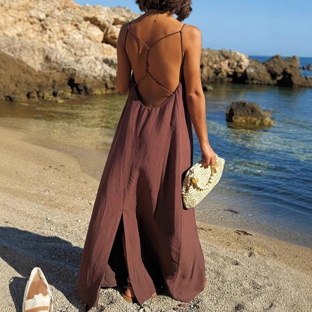 Summer Camis Dress Women Fashion Casual Loose Backless Vacation Dress Solid Color Loose Long Beach Mid-Length Dress