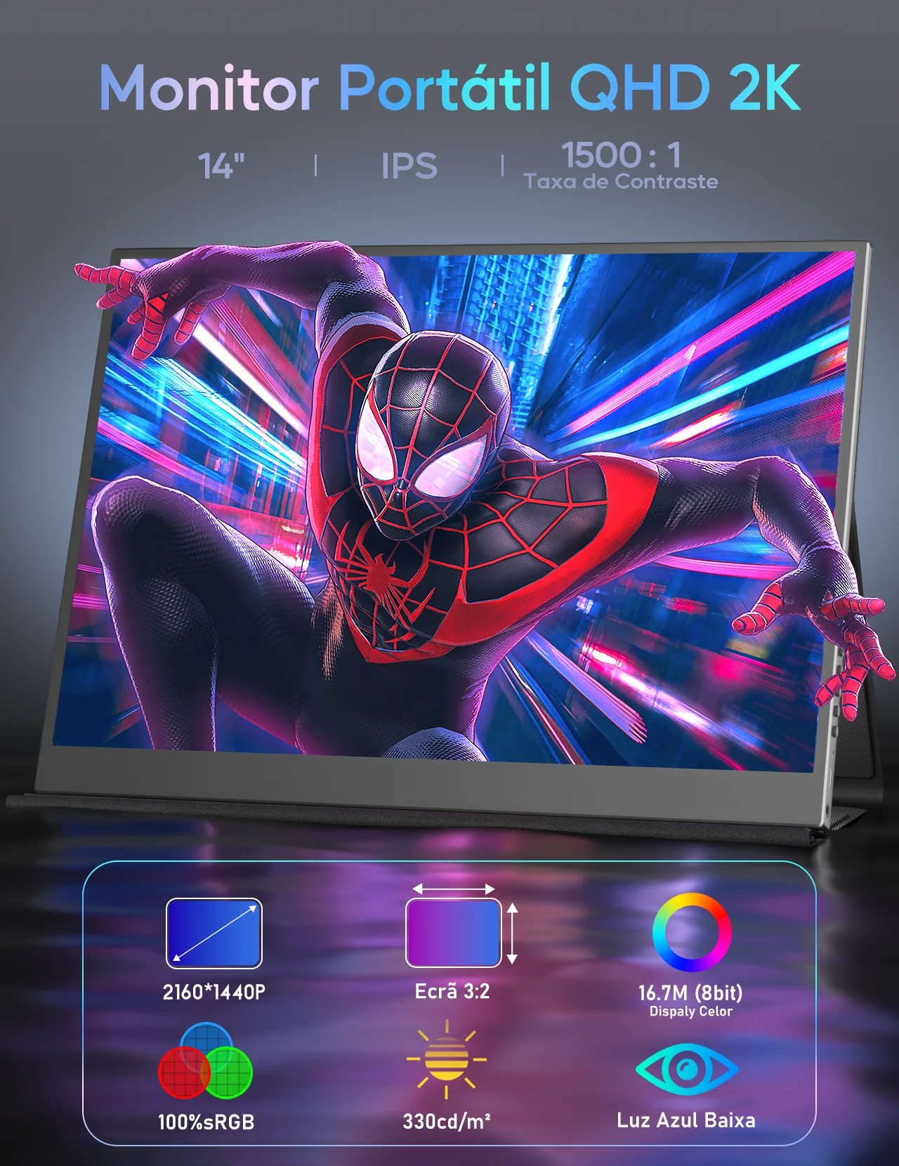 Amoudo 14 بوصة شاشة الكمبيوتر المحمول موسع 2160 * 1440P IPS شاشة محمولة مع منفذ USB-C HDMI لنظام التشغيل Windows Mac Switch PS5 Xbox