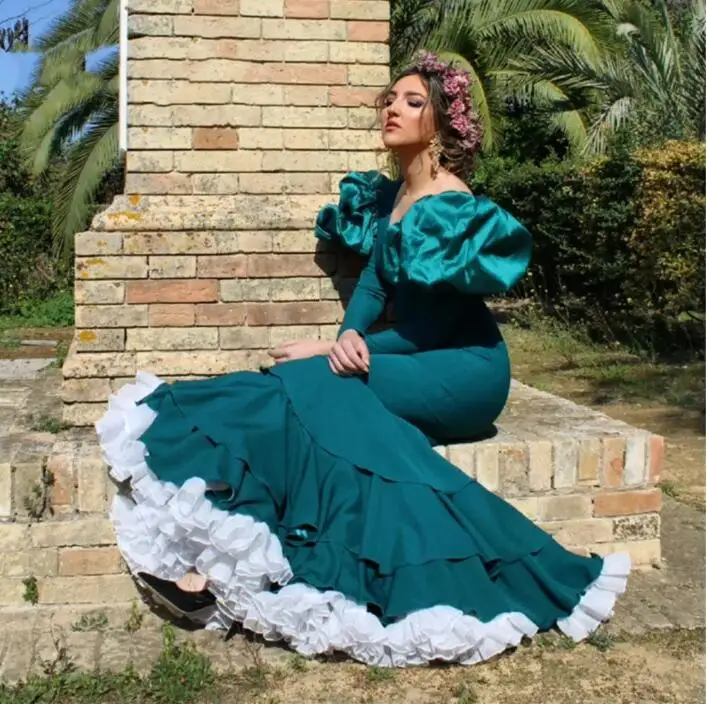 Vestidos de Fiesta de sirena azul azulado, vestido de noche hinchado, manga larga, volantes, parte inferior, mancha, Flamenca, Español