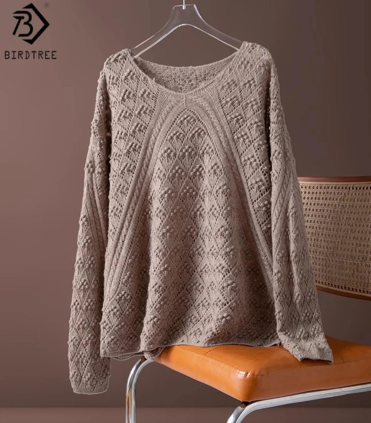 

Birdtree 100% Sheep Wool Knited Hollow Sweater,Woman Crochet O-neck Full Sleeve Loose Autumn Soft Smock Pullover T59445JF
