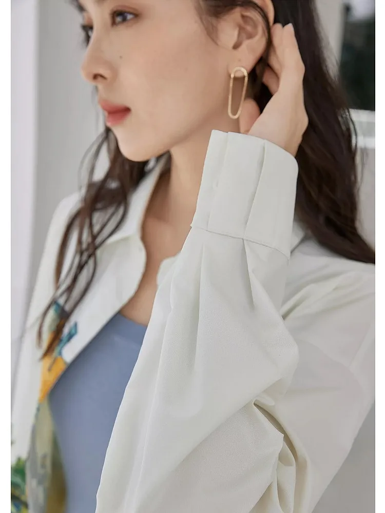 CHEERART Oil Painting White Button Up Shirts Long Sleeve Tops For Women 2023 Collar Shirts & Blouses Luxury Designer Clothing