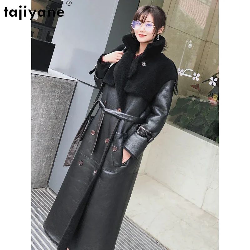 Tajiyane Natural Merino Sheep Fur Jackets for Women 2023 Winter Long Real Fur Coat Fashion Black Lamb Fur Coats Elegant Belt