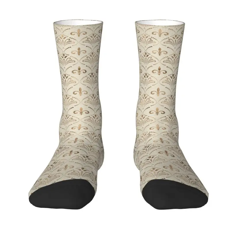 Custom Luxury Elegant Fleur De Lis Pattern Pastel Gold Dress Socks Men's Women's Warm Fashion Novelty Sacred Flower Crew Socks