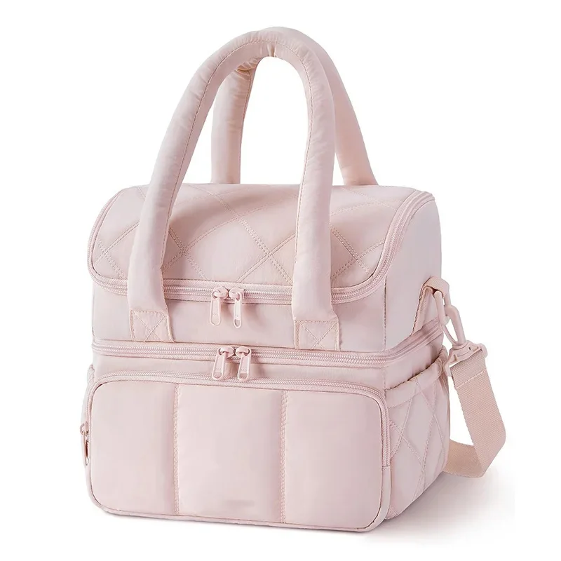 

large-capacity portable lunch bag, lightweight double-layer quilted insulation bag, nylon lunch box with padded shoulder strap