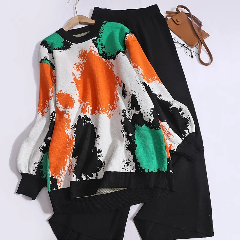 

Fashion Printed Pants Set Women Tracksuit O Neck Loose Pullover Tops Women Two-Piece Set with Loose Waist and Wide Legs